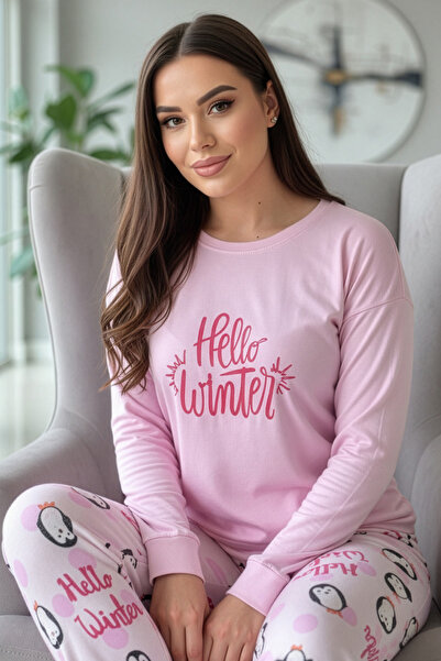 Pijamaevi Set de pijamale termice pentru femei cu model de iarnă Pink Penguin