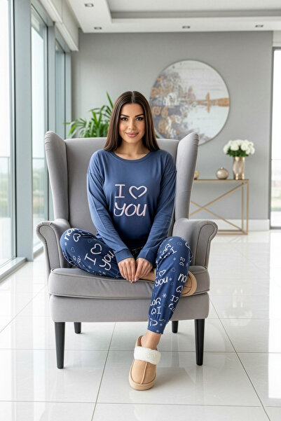 Pijamaevi Σετ γυναικεία θερμική πιτζάμα με σχέδιο Navy Blue Love You