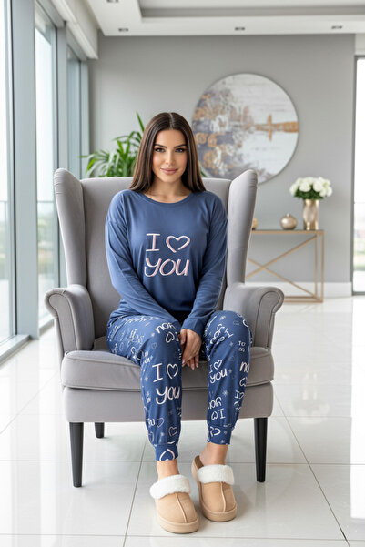 Pijamaevi Σετ γυναικεία θερμική πιτζάμα με σχέδιο Navy Blue Love You