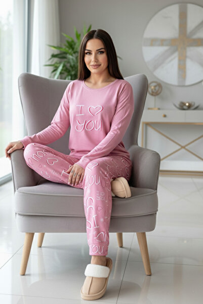 Pijamaevi Σετ γυναικεία θερμική πιτζάμα με σχέδιο Pink Love You