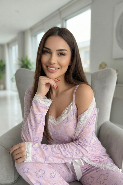 Pijamaevi Pink Stripe Floral Patterned Pegasus Pajama Set with Dressing Gown