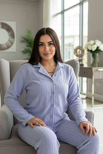 Pijamaevi Baby Blue Mini Dotted Patterned Front Buttoned Plush Fleece Pajama Set