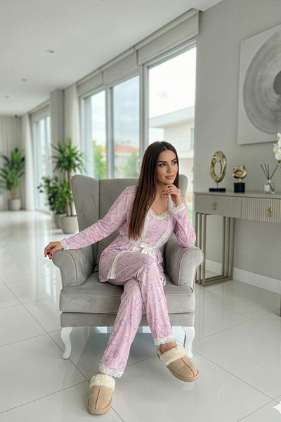 Pijamaevi Pink Stripe Floral Patterned Pegasus Pajama Set with Dressing Gown