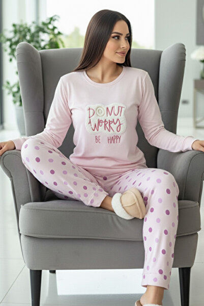 Pijamaevi Powder Pink Donut Worry Pattern Thermal Women's Pajamas Set