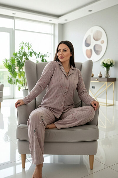 Pijamaevi Mor Gri Yıldızlı Kalp Desenli Önden Düğmeli Peluş Polar Pijama Takımı