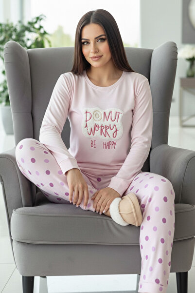 Pijamaevi Powder Pink Donut Worry Pattern Thermal Women's Pajamas Set