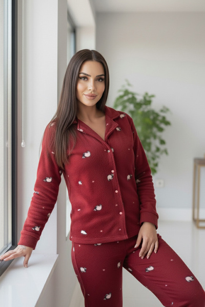 Pijamaevi Σετ πιτζάμες από βελούδινο φλις με μπροστινά κουμπιά με σχέδιο μπορντό Panda