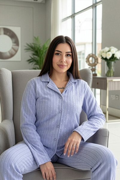 Pijamaevi Baby Blue Mini Dotted Patterned Front Buttoned Plush Fleece Pajama Set