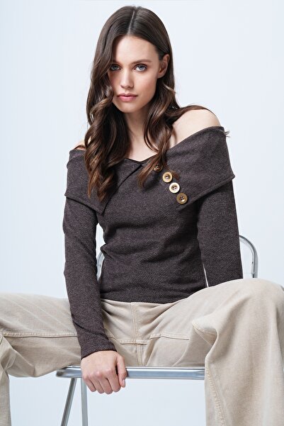 Trend Alaçatı Stili Women's Brown Madonna Collar Button Accent Piece Knitwear Blouse Alc-X14673