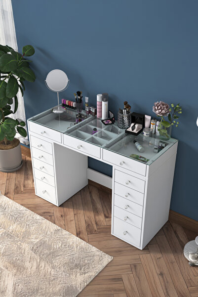 Rani Mobilya Rani Bj105 Makyaj Masası 13 Çekmeceli Cam Tablalı Takı Düzenleyi...