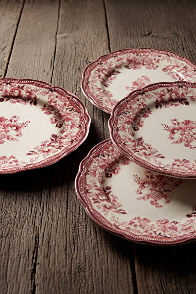 TRENDYOLMİLLA HOME Set of 4 Vintage Floral Pattern Porcelain Dessert Plates - Red Tphaw26Tbk00067