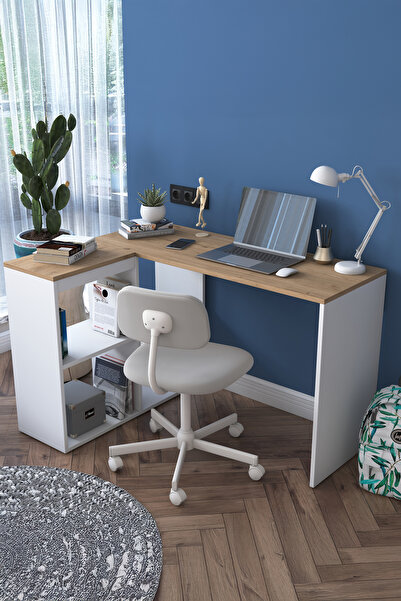 Rani Mobilya Rani Ha113 Çalışma Ofis Bilgisayar Masası 4 Raflı Köşeli Masa Beyaz - Sepet Ceviz 120 Cm