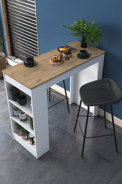 Rani Mobilya Rani Ja103 Bar Masası 3 Raflı Yüksek Mutfak Yemek Masası Sepet Ceviz - Beyaz