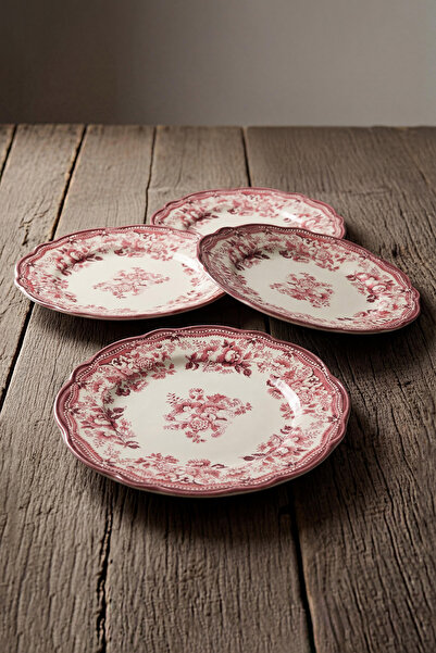TRENDYOLMİLLA HOME Set of 4 Vintage Floral Pattern Porcelain Dessert Plates - Red Tphaw26Tbk00067