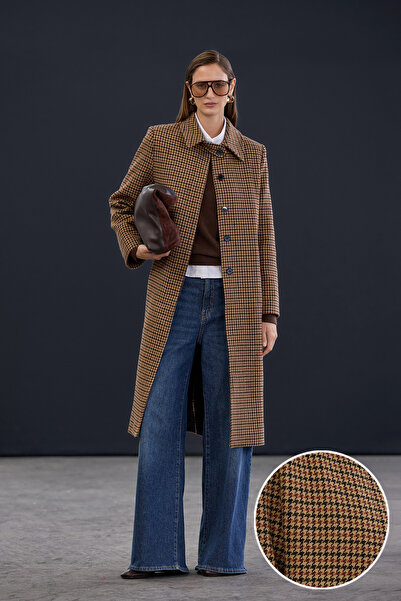 Trendyol Collection Trendyol Studio Beige Houndstooth Mono Closure Regular Long Cashmere Wool Coat Twoaw26Kb00065