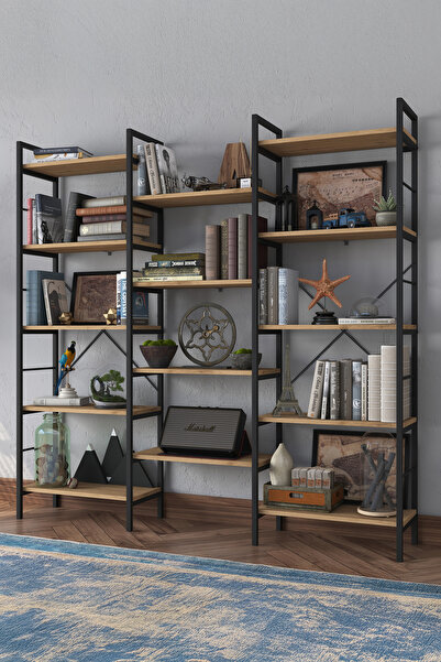 Rani Mobilya Rani Hc107 Metal 14 Raflı Geniş Kitaplık Ofis Çalışma Odası Çocuk Odası Sepet Ceviz