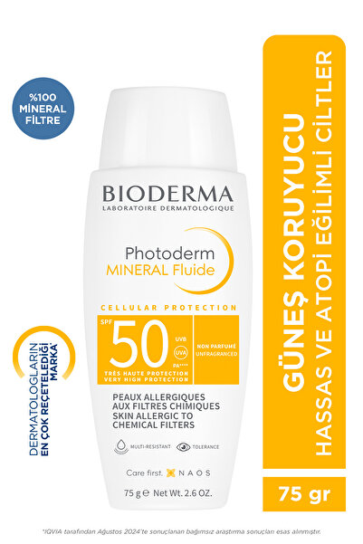 Bioderma Photoderm Mineral Fluid SPF50+ Çok Hassas Ciltler için Yüksek Korumalı Yüz, Vücut Güneş Kremi 75 gr