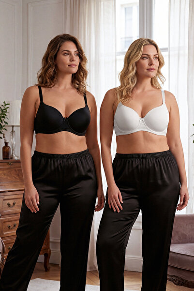 Trendyol Curve Μαύρο-εκρού Σουτιέν με μπλουζάκι 2 συσκευασιών Σταθερό κάλυμμα χωρίς επένδυση Σουτιέν μεγάλου μεγέθους TBBAW26CW00009