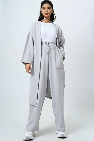 Trend Alaçatı Stili Women's Gray Self Textured Knitted Long Kimono and Double Pocket Palazzo Pants Set Alc-X14387