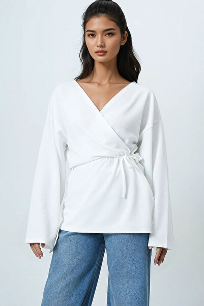 Trend Alaçatı Stili Damen-Cardigan in Ecru mit zweireihigem Schnitt, V-Ausschnitt und Schnürdetail Alc-X14410