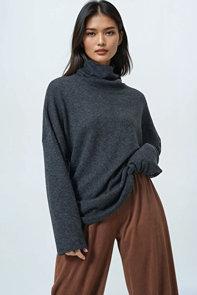 Trend Alaçatı Stili Women's Anthracite Turtleneck Wide Cut Knitwear Blouse Alc-X14708