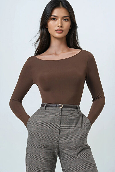 Trend Alaçatı Stili Women's Brown Boat Neck Basic Blouse Alc-X14395