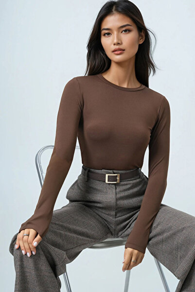 Trend Alaçatı Stili Women's Bitter Brown Crew Neck Basic Blouse Alc-X14389