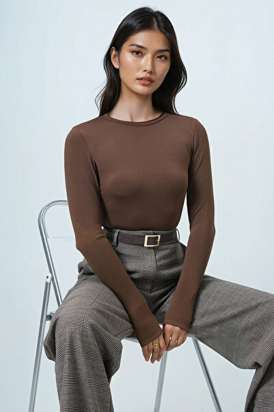 Trend Alaçatı Stili Women's Bitter Brown Crew Neck Basic Blouse Alc-X14389