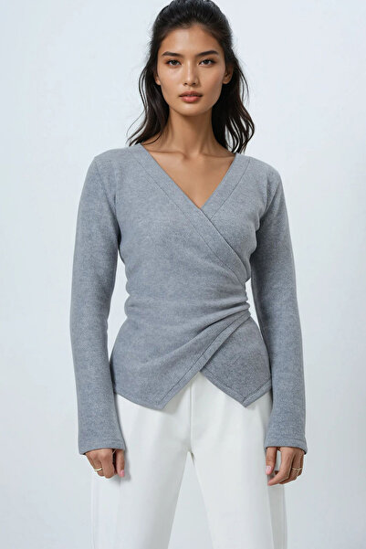 Trend Alaçatı Stili Women's Gray Double-Breasted Cut Drape Detail Blouse Alc-X14707