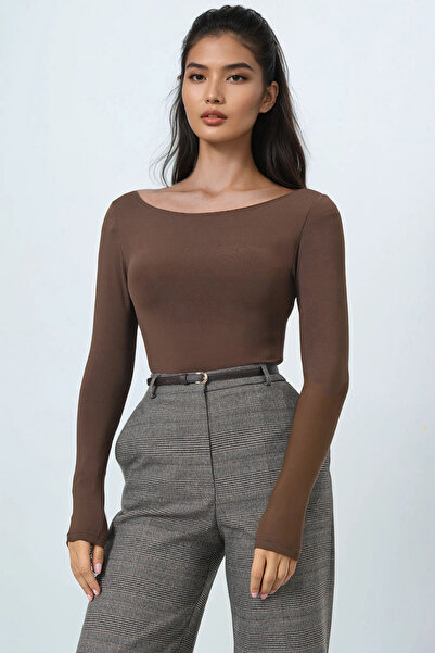 Trend Alaçatı Stili Women's Brown Boat Neck Basic Blouse Alc-X14395