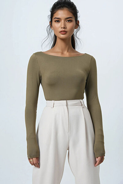 Trend Alaçatı Stili Women's Khaki Boat Neck Basic Blouse Alc-X14395