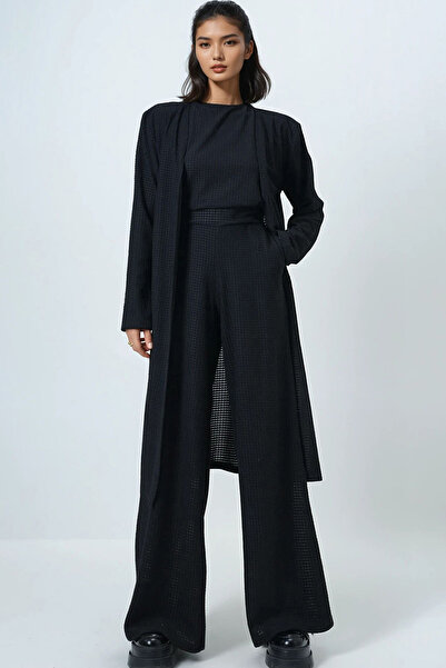 Trend Alaçatı Stili Women's Black Crew Neck Shoulder Pad Piece Textured Blouse, Pants and Cardigan 3-Piece Set Alc-X14703