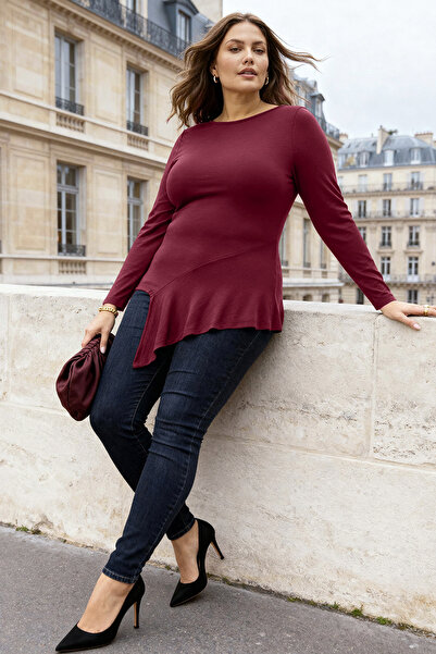 Trendyol Curve Burgundy Viscose/Soft Fabric Asymmetric Stretchy Knitted Plus Size Blouse Tbbaw26Af00014
