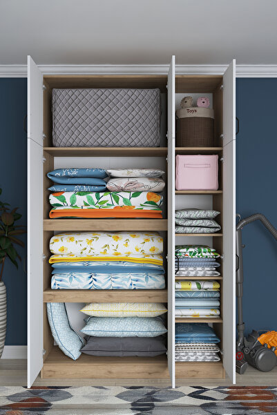 Rani Mobilya Rani Ba104 Yüklük 6 Kapaklı 10 Raflı Yatak Yorgan Yastık Saklama Dolabı S. Ceviz - Beyaz