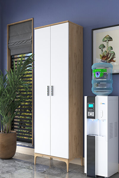 Rani Mobilya Rani JE102 Çok Amaçlı Dolap 2 Kapaklı 7 Raflı Banyo Kiler Mutfak Dolabı Sepet Ceviz - Beyaz