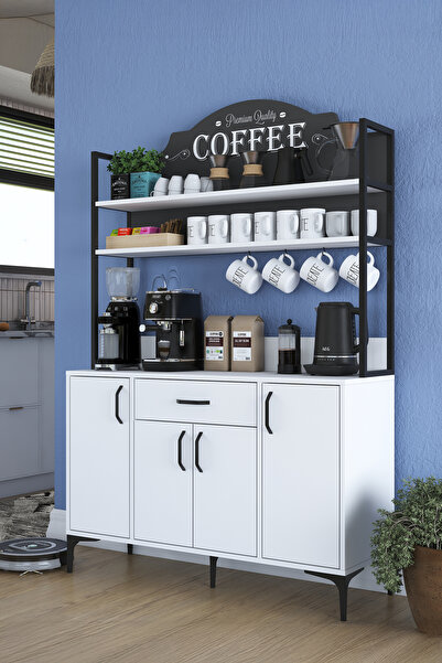 Rani Mobilya Rani Je130 Kahve Köşesi Çok Amaçlı Dolap 4 Kapaklı 1 Çekmeceli Kiler Mutfak Dolabı Beyaz