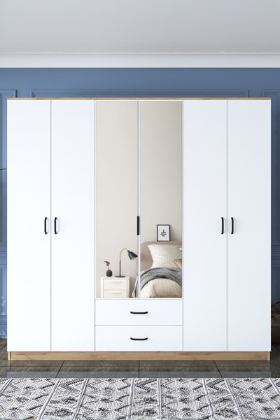 Rani Mobilya Rani BA130 Geniş Gardırop Elbise Dolabı Aynalı Kapaklı 2 Çekmeceli 3 Askılı Sepet Ceviz - Beyaz