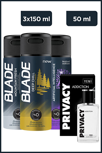 Privacy Men Addiction Edt 50 ml Parfüm&Blade Deep Chill, Mountain Fresh, Artificial 2.0 Deodorant 3x150 ml