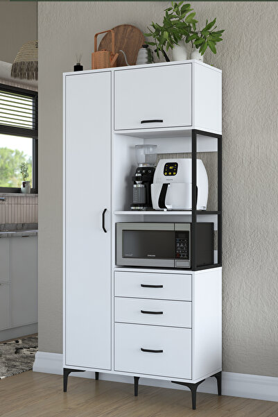 Rani Mobilya Rani JE112 Çok Amaçlı Dolap 2 Kapaklı 3 Çekmeceli Kiler Mutfak Dolabı Beyaz