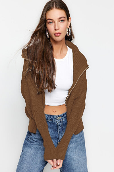 Trendyol Collection Ανοιχτό καφέ φαρδύ πλεκτό με φερμουάρ με γιακά TWOAW24HI00072