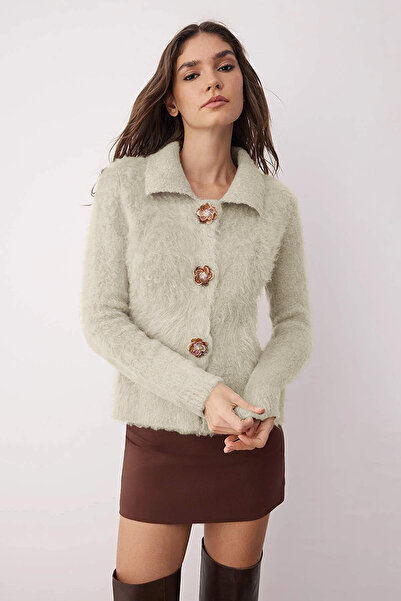 Trendyol Collection Mink Rose Button Detailed Boucle Yarn Knitwear Cardigan Twoaw26Hi00109