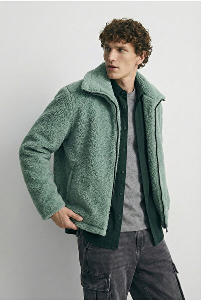 ablukaonline Men's Oversize Stand Collar Plush Jacket Khaki Green