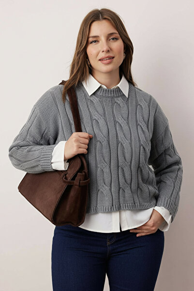 Trendyol Curve Dark Gray Shirt Paneled Detailed Hair Knitwear Sweater Tbbaw26An00047