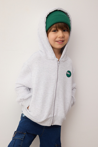 TRENDYOLKIDS Kar Melange Cotton με τύπωμα με κουκούλα Πλεκτή ζακέτα με φερμουάρ για αγόρια κανονικού μεγέθους TKDAW26SW00032