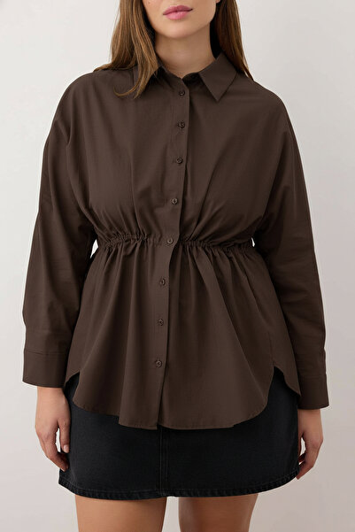 Trendyol Curve Καφέ πουκάμισο με μακρύ μανίκι με κορδόνι περίσφιξης TBBAW26AX00000