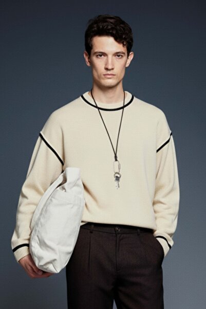 ablukaonline Ανδρικό πουλόβερ με στρογγυλή λαιμόκοψη oversized με λεπτομέρεια αντίθεσης μπεζ