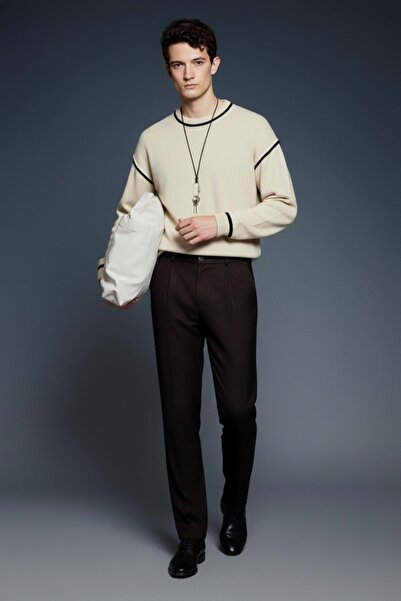 ablukaonline Ανδρικό πουλόβερ με στρογγυλή λαιμόκοψη oversized με λεπτομέρεια αντίθεσης μπεζ