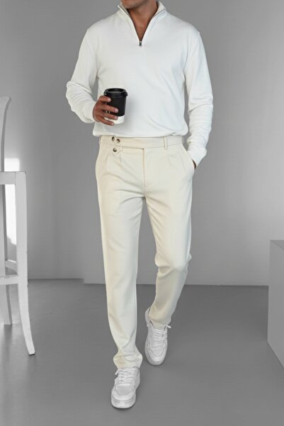 ablukaonline Light Cream Men's Pleated Fabric Trousers