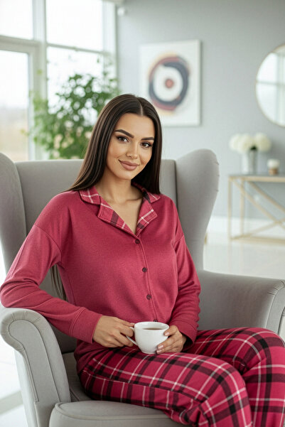 Pijamaevi Red Plaid Pattern Thermal Front Buttoned Long Sleeve Women's Pajama Set