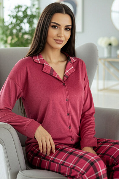 Pijamaevi Red Plaid Pattern Thermal Front Buttoned Long Sleeve Women's Pajama Set